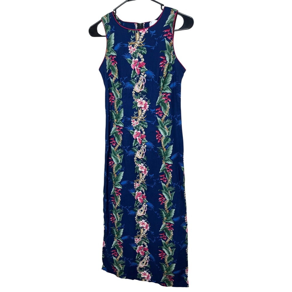 Vintage TJ Hawaii Maxi Dress Womens XS Tropical Floral Print Sleeveless‎ Blue